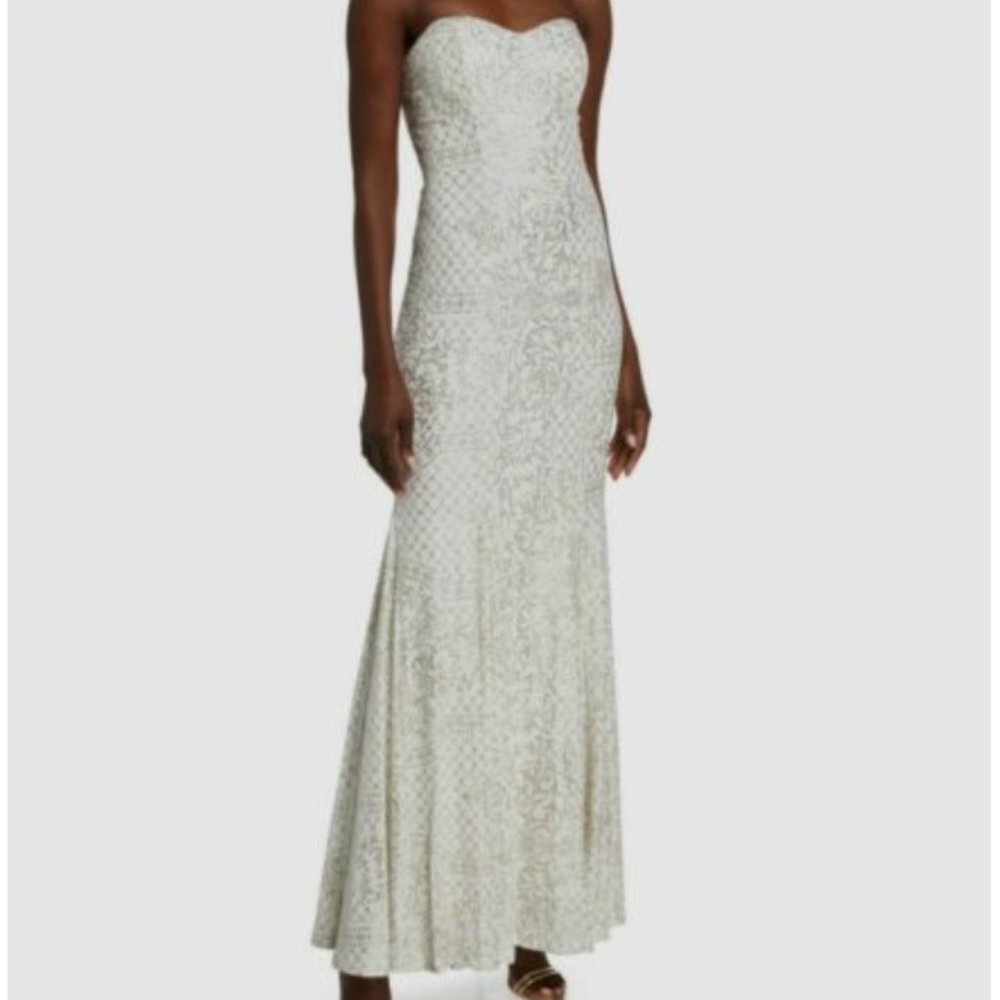 LM Collection Women's White Glitter Strapless Long  Cocktail